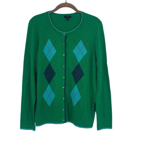 Talbots Petite Large Argyle Green Blue Pink Cotton Cashmere Blend Cardigan - Picture 1 of 11